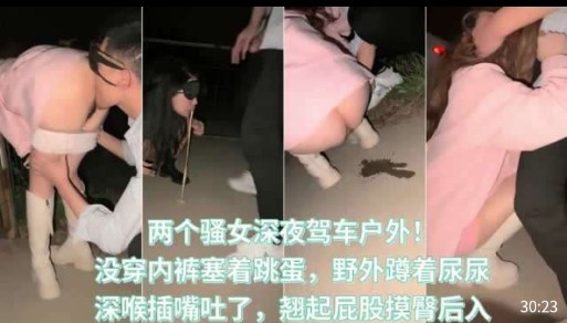 两个骚女深夜驾车户外，没穿内裤塞着跳蛋，野外蹲着尿尿，深喉插嘴